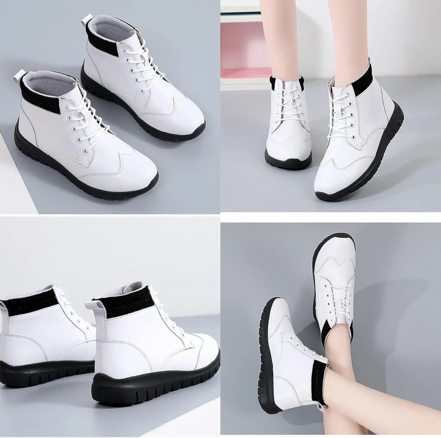 Zeberfi Women's Genuine Leather Flats Ankle Boots Fashion Round Toe Lace Up Soft Sole Casual Booties Retro Comfortable Lightweight High Top Walking Shoes
