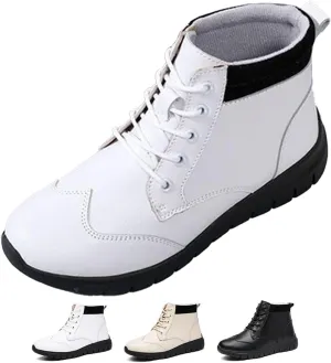 Zeberfi Women's Genuine Leather Flats Ankle Boots Fashion Round Toe Lace Up Soft Sole Casual Booties Retro Comfortable Lightweight High Top Walking Shoes
