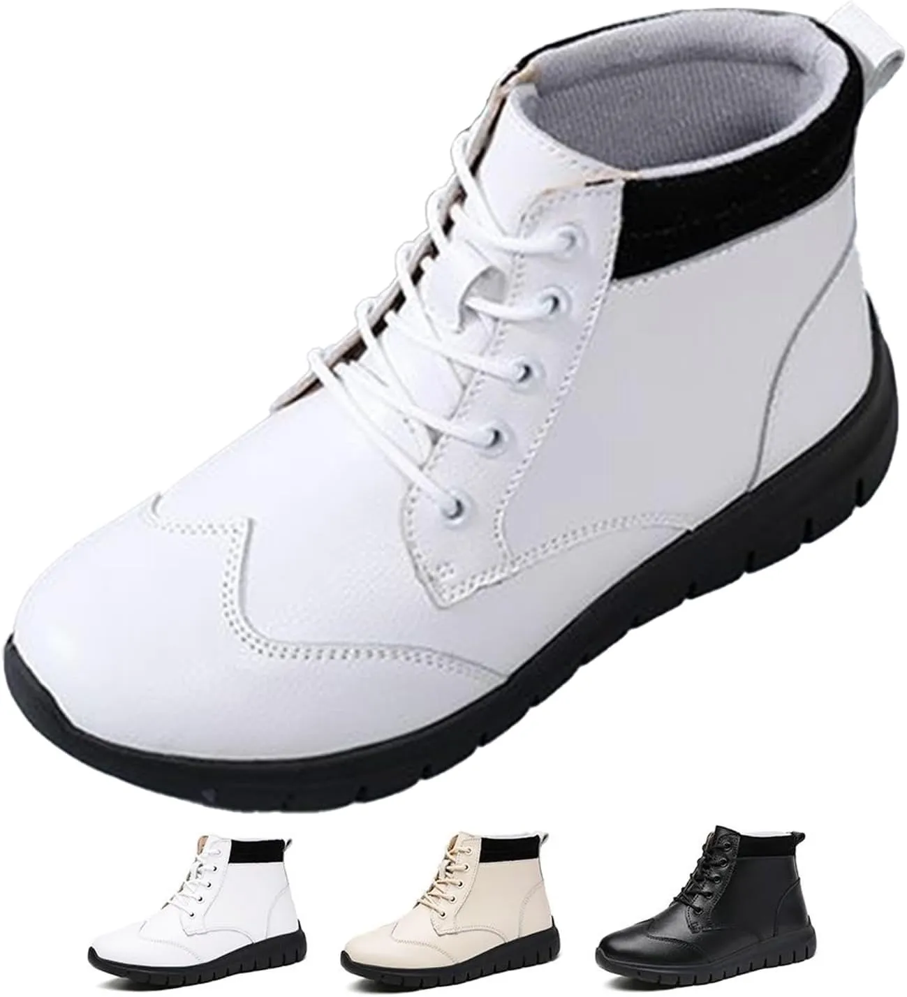 Zeberfi Women's Genuine Leather Flats Ankle Boots Fashion Round Toe Lace Up Soft Sole Casual Booties Retro Comfortable Lightweight High Top Walking Shoes