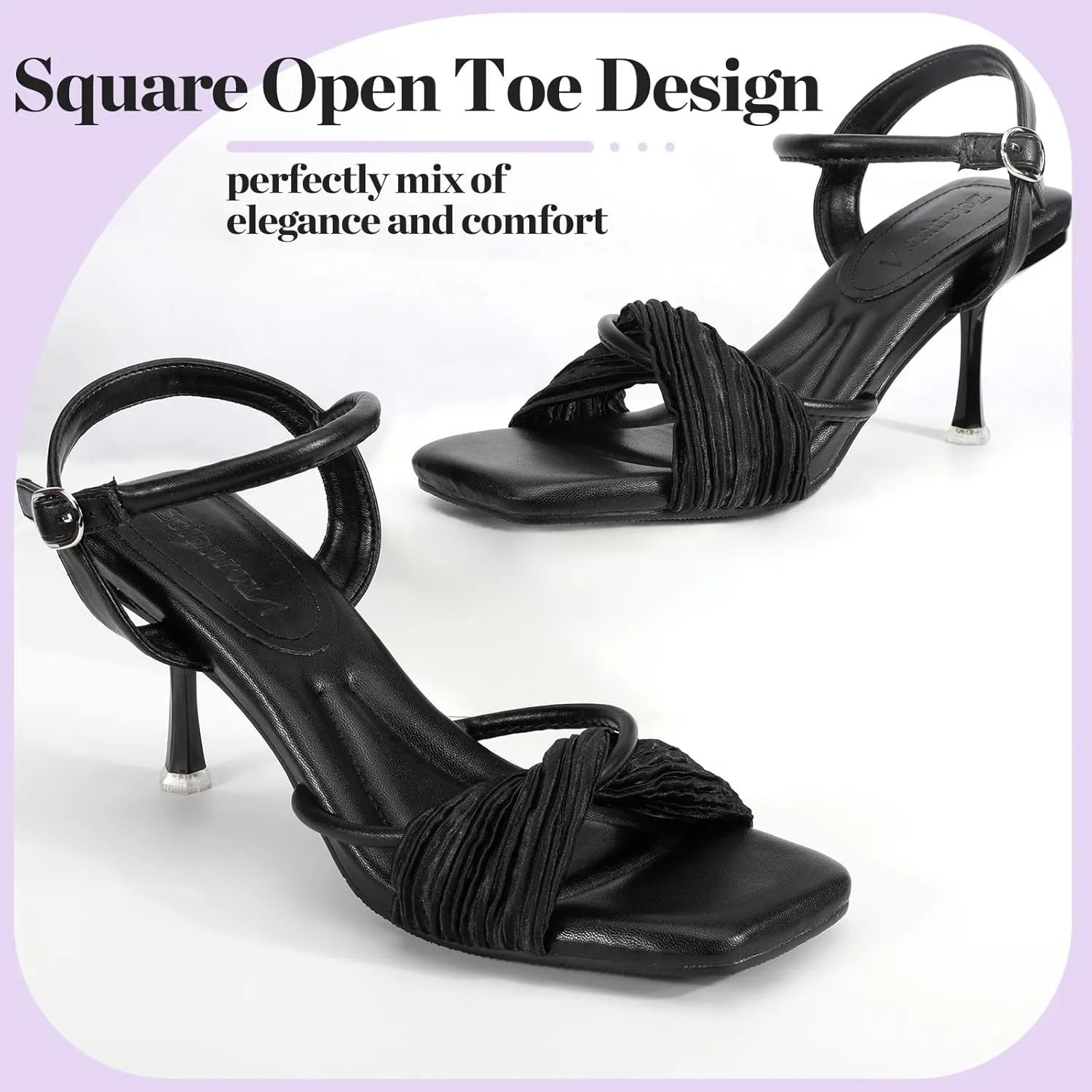 Zelaprox Women's Kitten Heels Square Open Toe Ankle Adjustable Strap Sandals Strappy High Heel Lace Up Sexy Fashion Comfortable Cushioned Shoes Dress Party Wedding Pumps