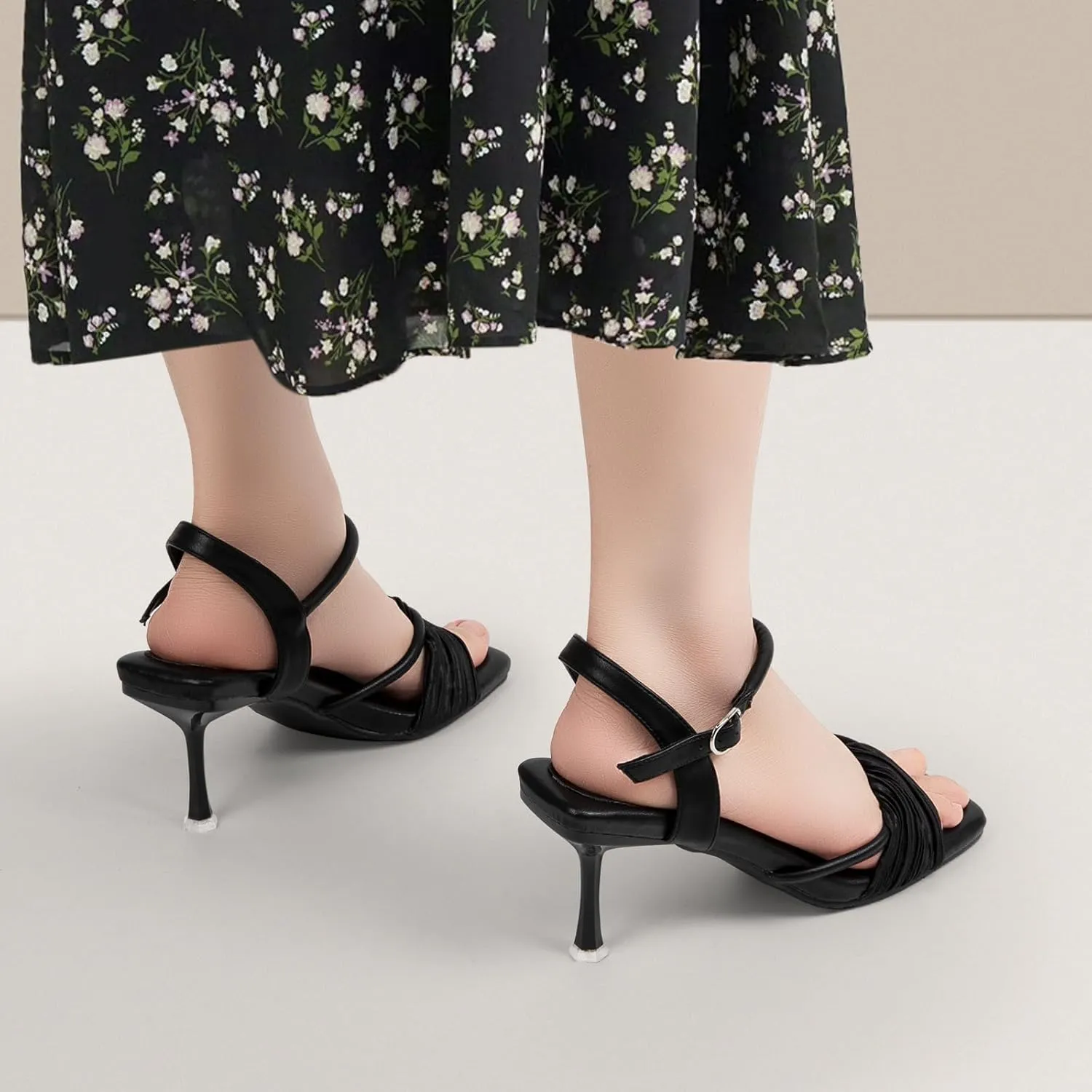 Zelaprox Women's Kitten Heels Square Open Toe Ankle Adjustable Strap Sandals Strappy High Heel Lace Up Sexy Fashion Comfortable Cushioned Shoes Dress Party Wedding Pumps