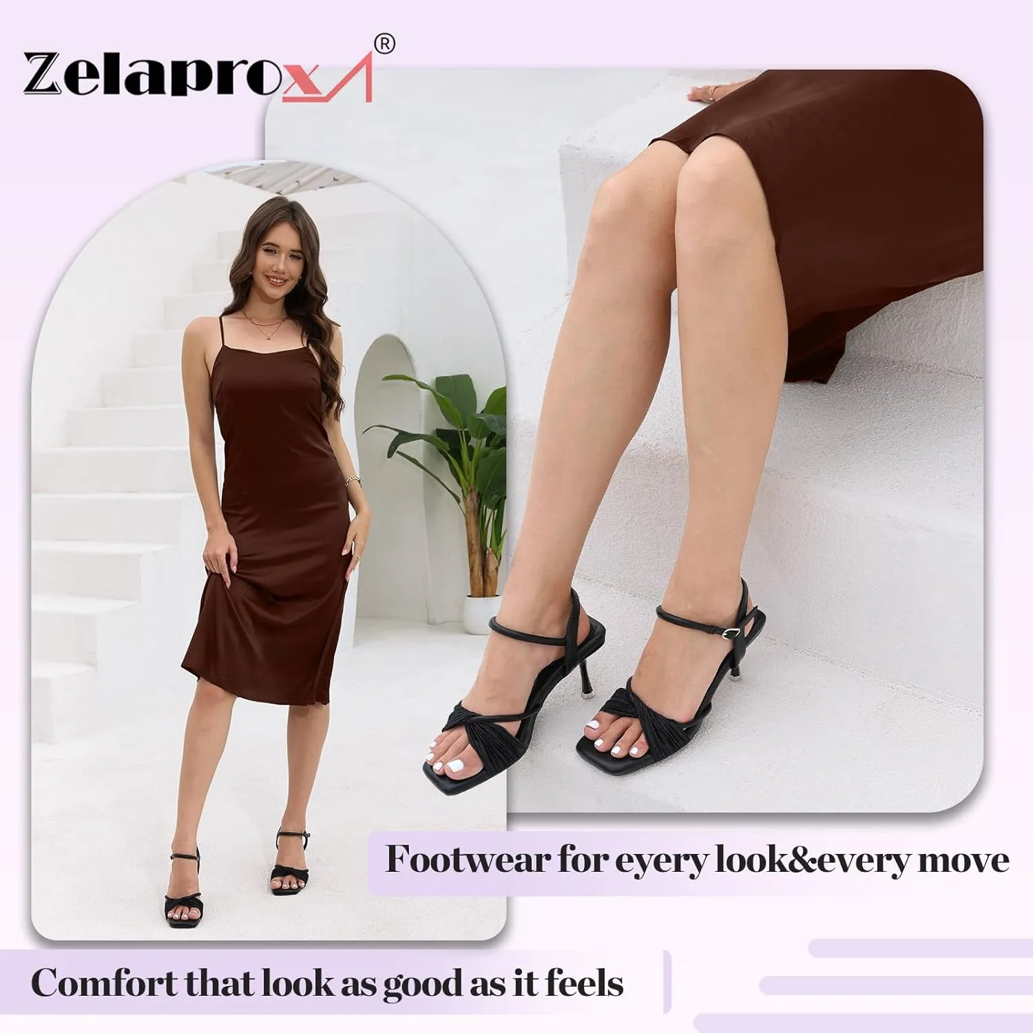 Zelaprox Women's Kitten Heels Square Open Toe Ankle Adjustable Strap Sandals Strappy High Heel Lace Up Sexy Fashion Comfortable Cushioned Shoes Dress Party Wedding Pumps