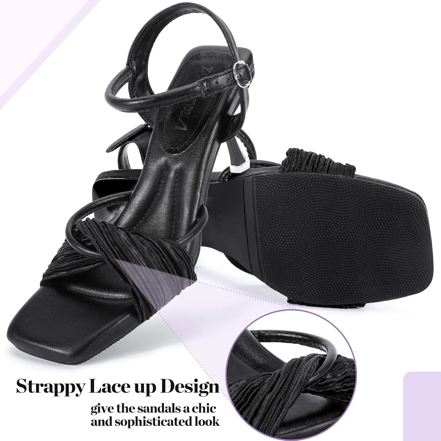 Zelaprox Women's Kitten Heels Square Open Toe Ankle Adjustable Strap Sandals Strappy High Heel Lace Up Sexy Fashion Comfortable Cushioned Shoes Dress Party Wedding Pumps