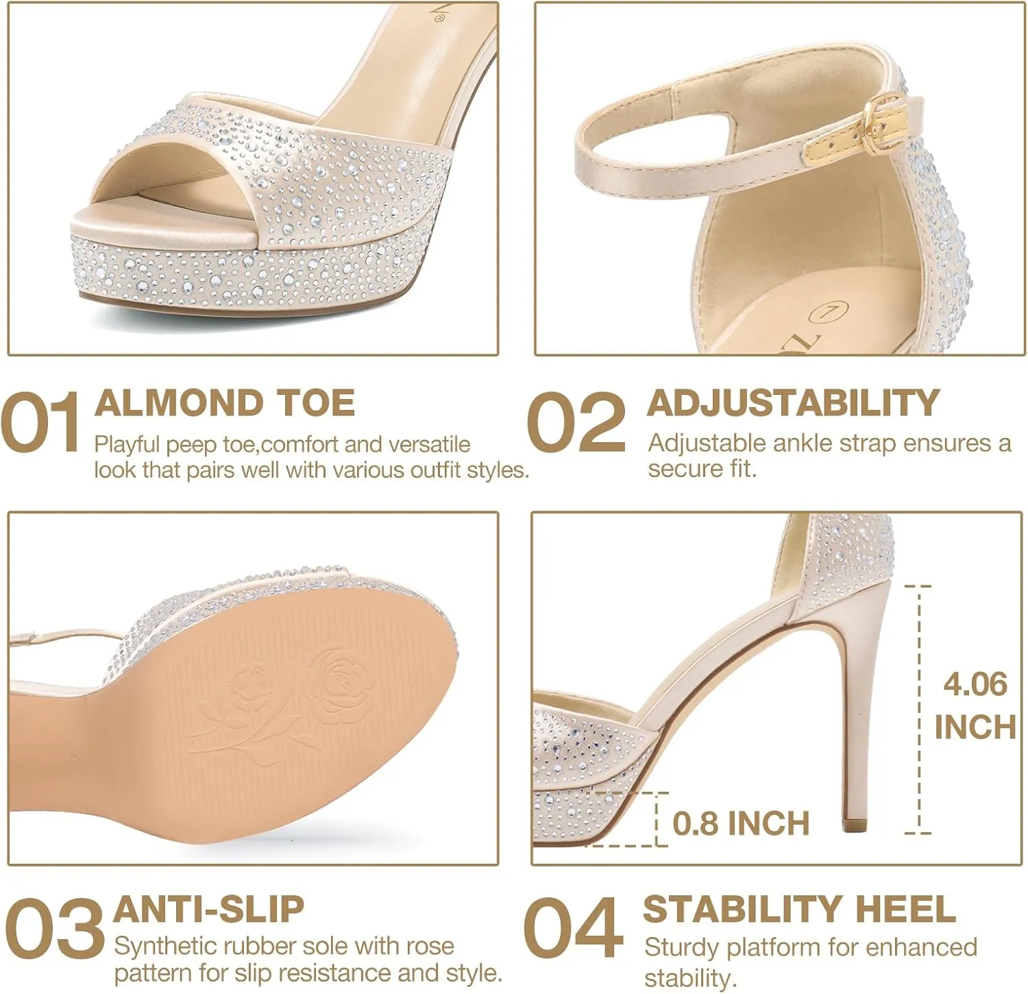 ZURIN Women's Peep Toe Ankle Strap High Heels Platform Stiletto Heeled Sandals Sexy Dressy Shoes for Party Wedding Bridal Pumps Sandals