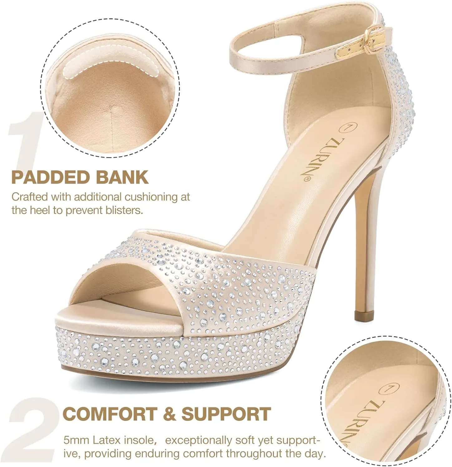 ZURIN Women's Peep Toe Ankle Strap High Heels Platform Stiletto Heeled Sandals Sexy Dressy Shoes for Party Wedding Bridal Pumps Sandals